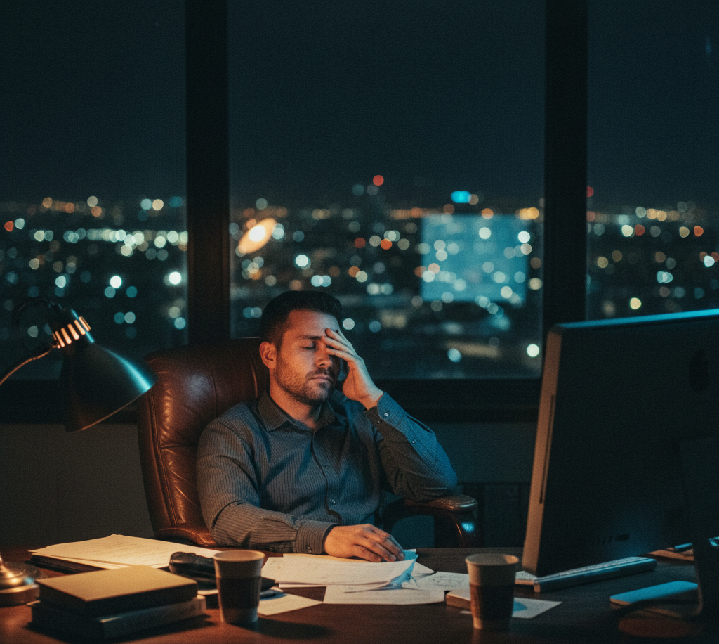 Entrepreneur depression illustrated by a stressed business owner sitting alone at a desk late at night, holding his head in exhaustion while city lights blur outside the office window, surrounded by paperwork, coffee cups, and a glowing computer screen.
